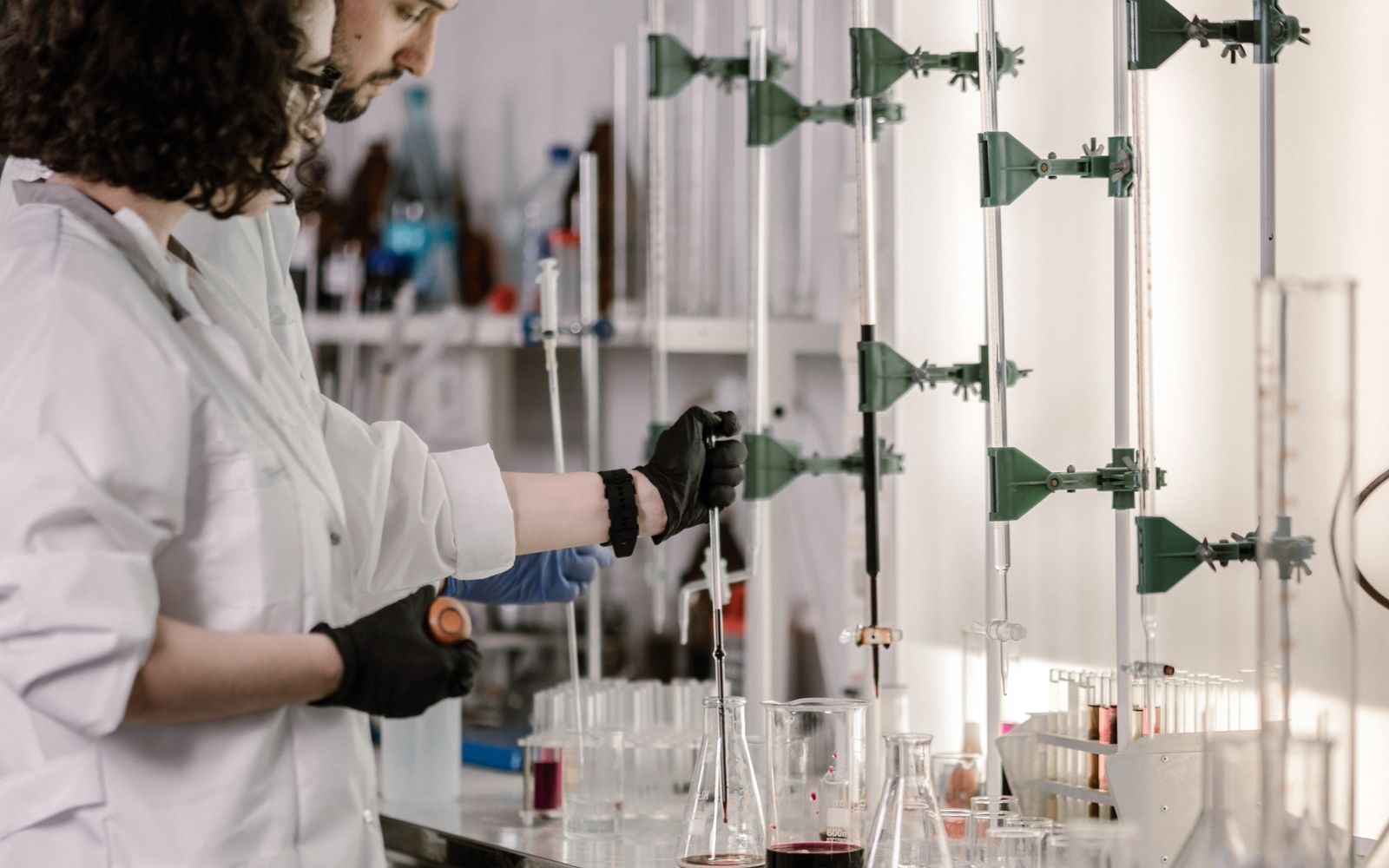 Scientists working with test tubes in a laboratory