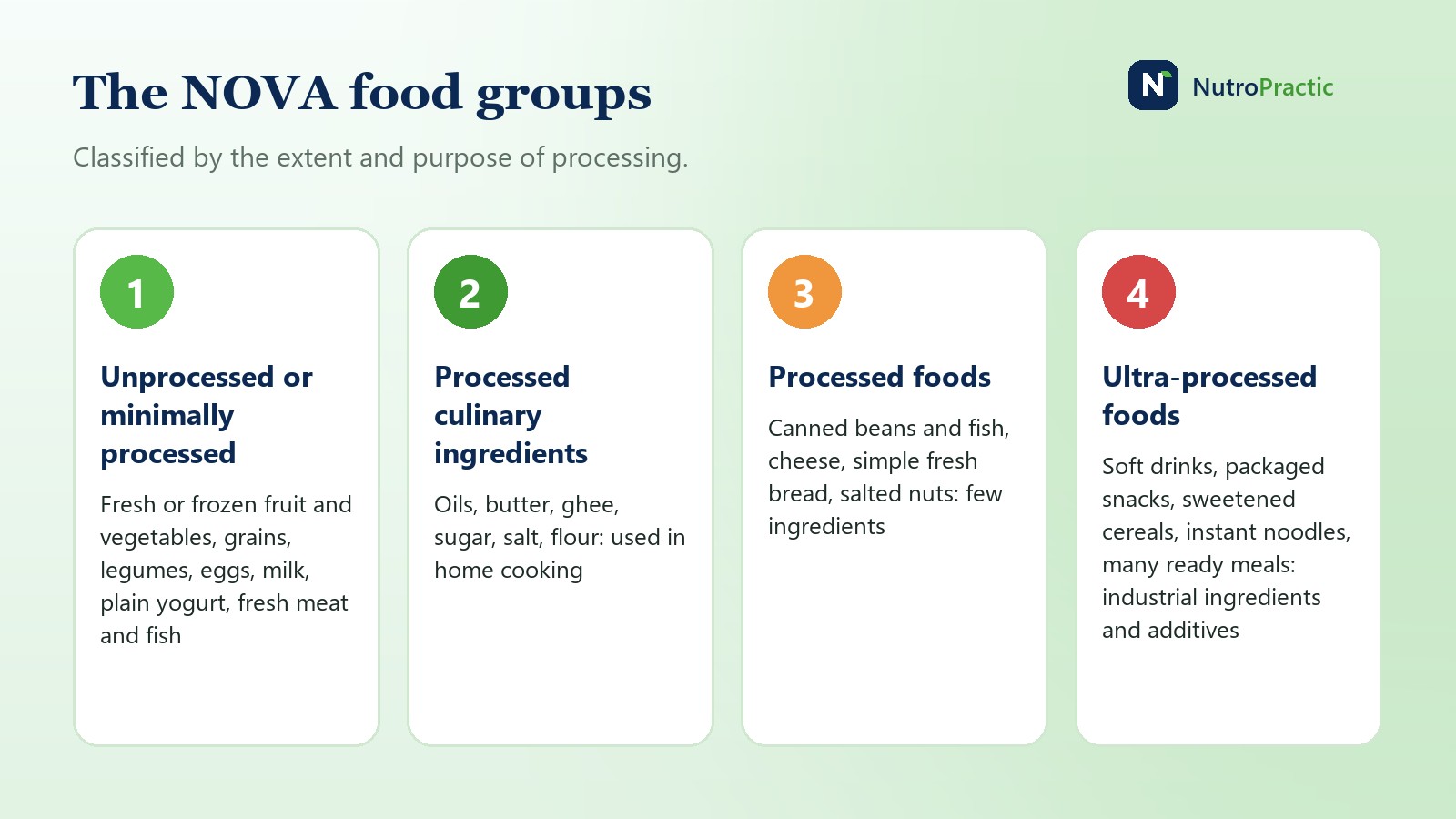 The four NOVA groups: 1 unprocessed or minimally processed foods, 2 processed culinary ingredients, 3 processed foods, 4 ultra-processed foods, with examples of each