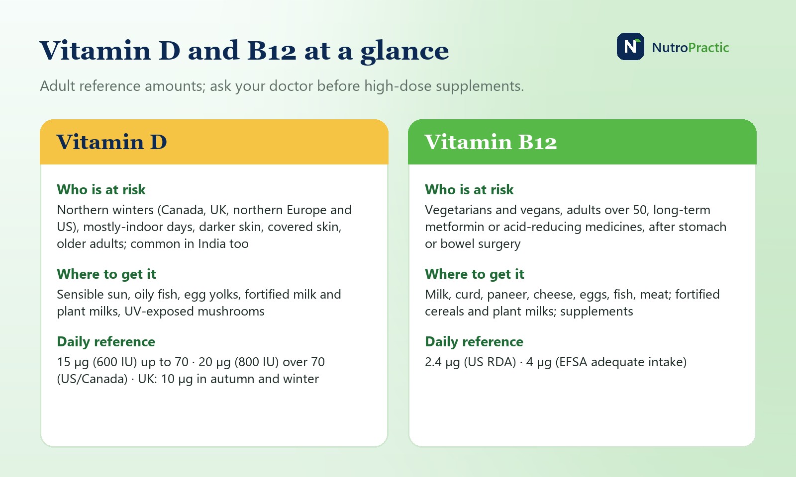 Side-by-side cards: who is at risk of low vitamin D and low B12, and the main food sources of each