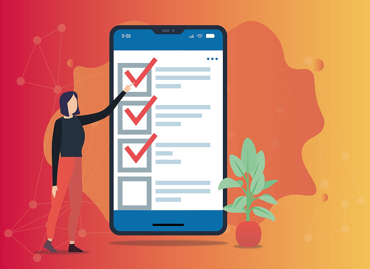 Illustration of a woman pointing at a giant phone screen showing a form with three boxes ticked in red and a fourth left empty