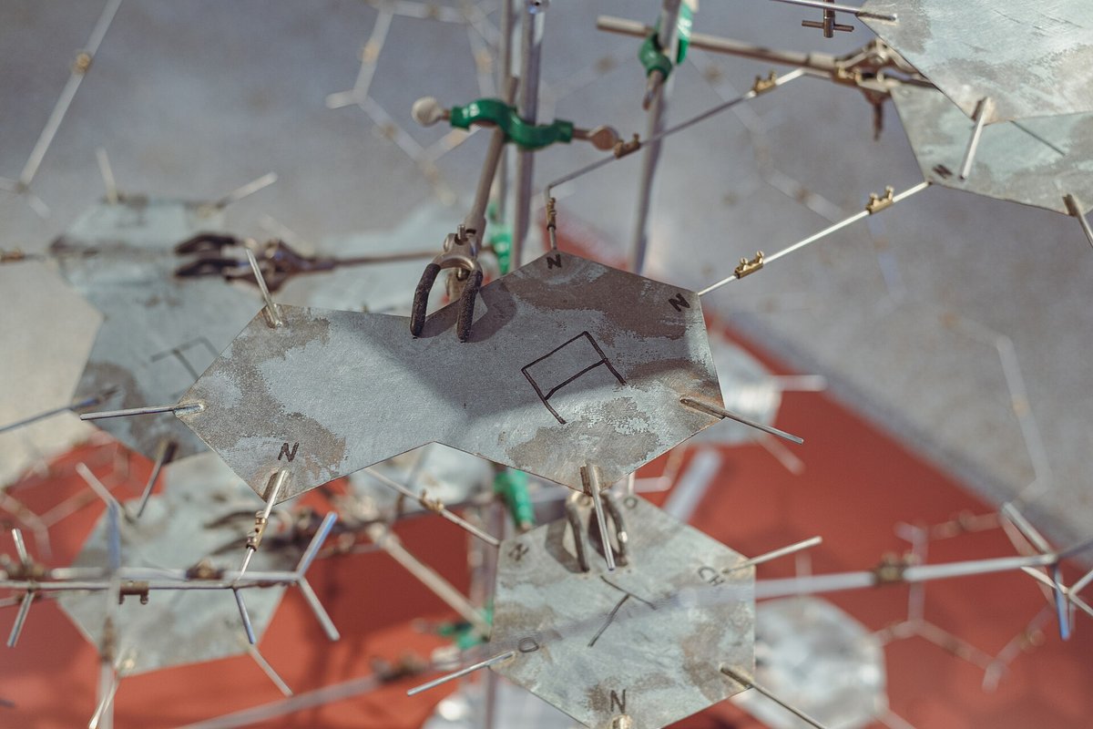 Close-up of a metal replica of the Watson and Crick DNA double helix model