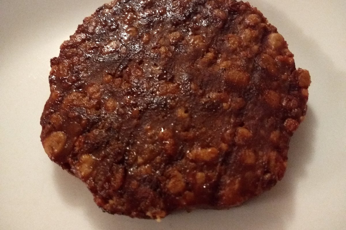 A cooked plant-based burger patty on a white plate