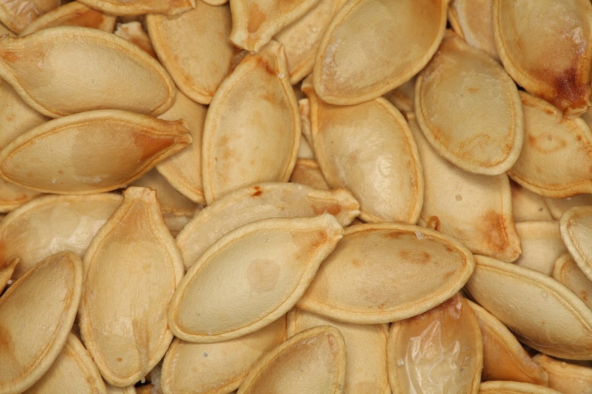 Close-up of roasted pumpkin seeds, a plant source of zinc
